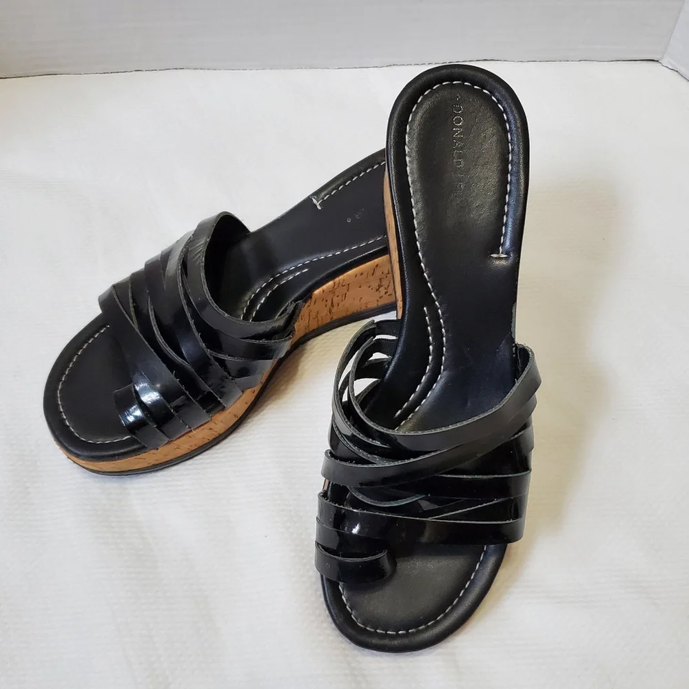Donald J. Pliner Black Patent Leather Cork Wedge Sandals